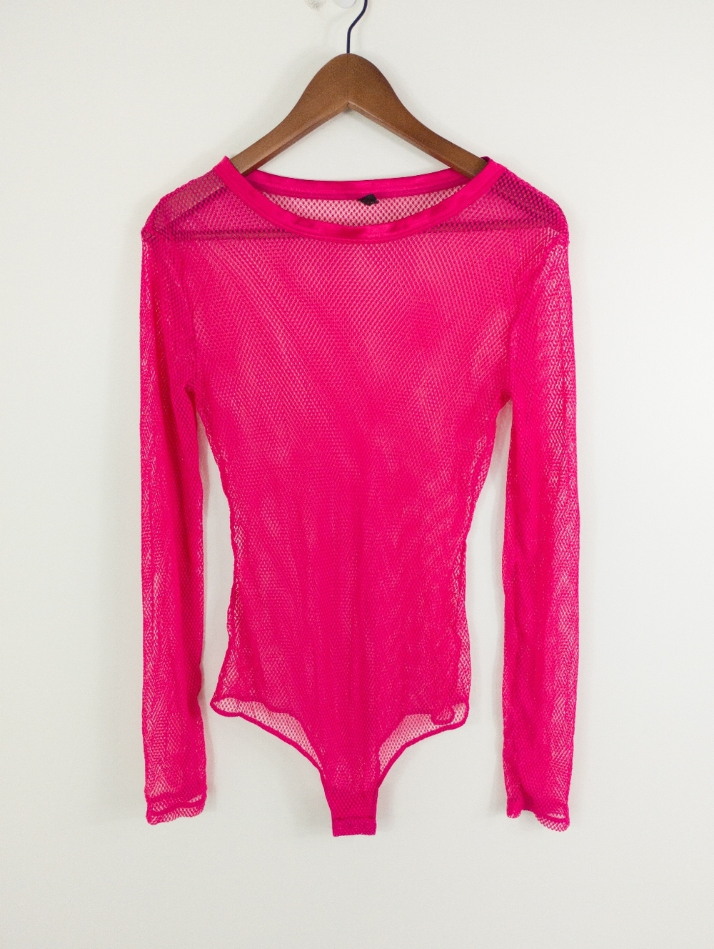 Intimissimi Hot Pink Long Sleeve Mesh Bodysuit Satin Trim Fuchsia